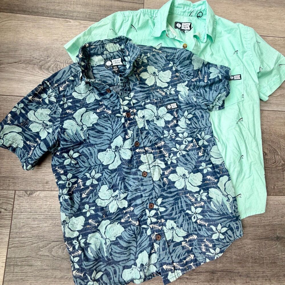 2- Salty Crew Cotton Boys Casual Button Up Collared Shirts Graphics Fish Floral